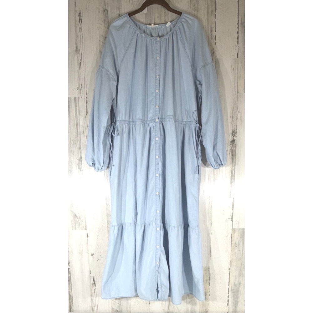 Levis Maxi Dress XXL Light Blue Cotton Chambray Button Front Tiered Boho Prairie - Picture 1 of 9